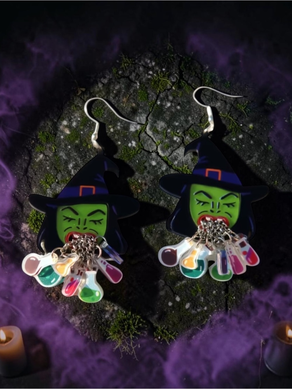 Green Witch Spewing Potion Dangle Earrings